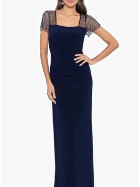Betsy & Adam Faraj Rhinestone Sleeve Detail Column Gown - Navy/Silver Sz: 14